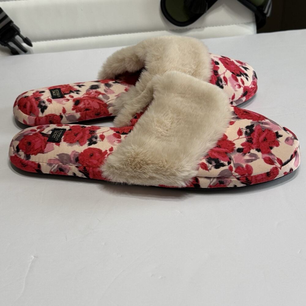 Victoria’s Secret Signature Satin Slippers Large Fur Trim Slide with Bag NWT - Picture 2 of 11